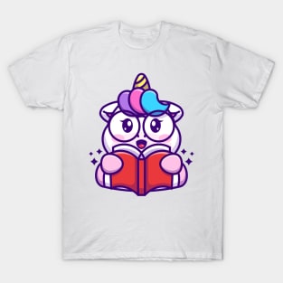 Cute unicorn reading book cartoon T-Shirt